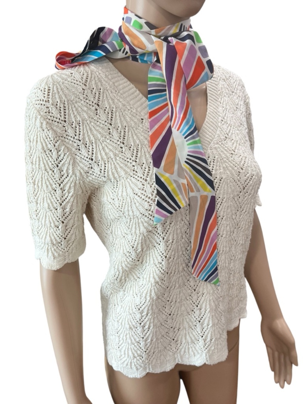 Pointelle Knit Short Sleeve Sweater Ivory-L vintage - Picture 4 of 6